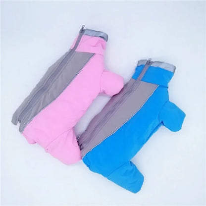 Dog winter clothing, warm and waterproof four legged jumpsuit.