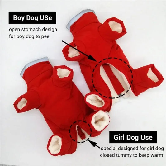 Dog winter clothing, warm and waterproof four legged jumpsuit.